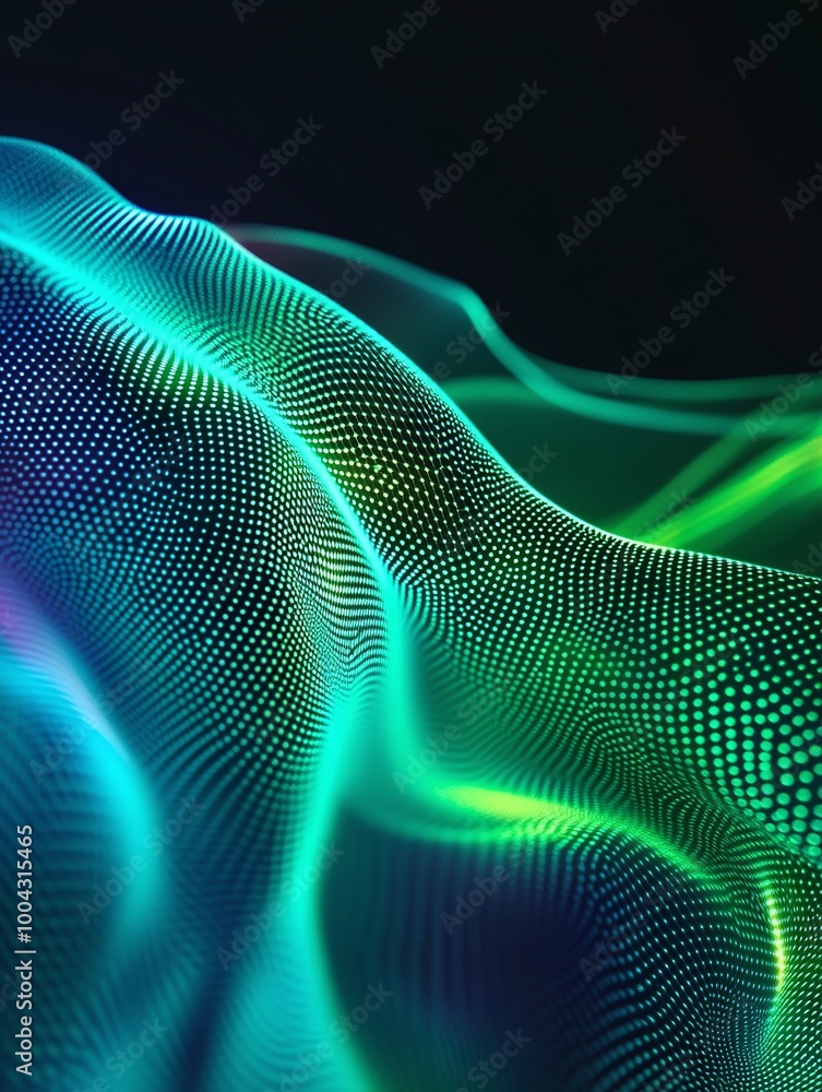 Poster wave-like patterns in vibrant green and blue hues showcasing fluid motion and depth. a minimalist po