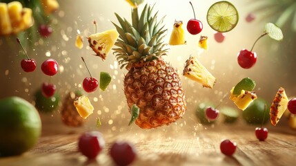 A pineapple, cherries, and lime slices are suspended in mid-air, falling onto a wooden surface
