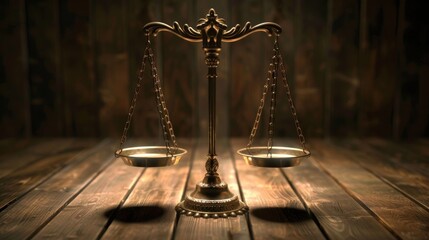 Vintage Brass Scales of Justice on Rustic Wooden Table Symbolizing Law and Jurisprudence