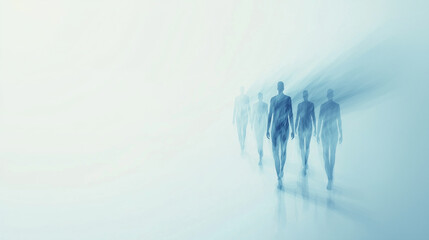 Fototapeta premium Dynamic abstract shapes of people in a gradient of blues, conveying the essence of teamwork and leadership concepts in a contemporary design. photo