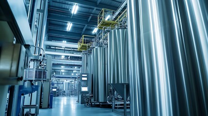 Fototapeta premium Industrial Interior with Large Stainless Steel Tanks