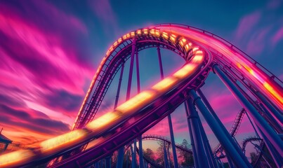 Obraz premium Neon-Lit Roller Coaster Track Against a Colorful Sunset Sky, AI generated illustration