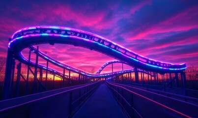 Obraz premium Neon-Lit Roller Coaster Track Against a Colorful Sunset Sky, AI generated illustration