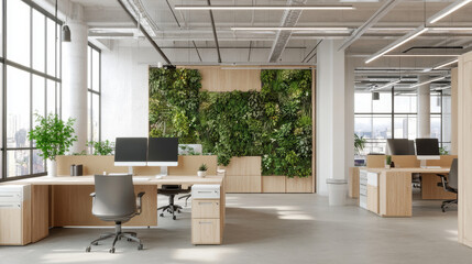 Modern office interior featuring green plants, large windows, and ergonomic furniture. space is bright and inviting, promoting productive work environment