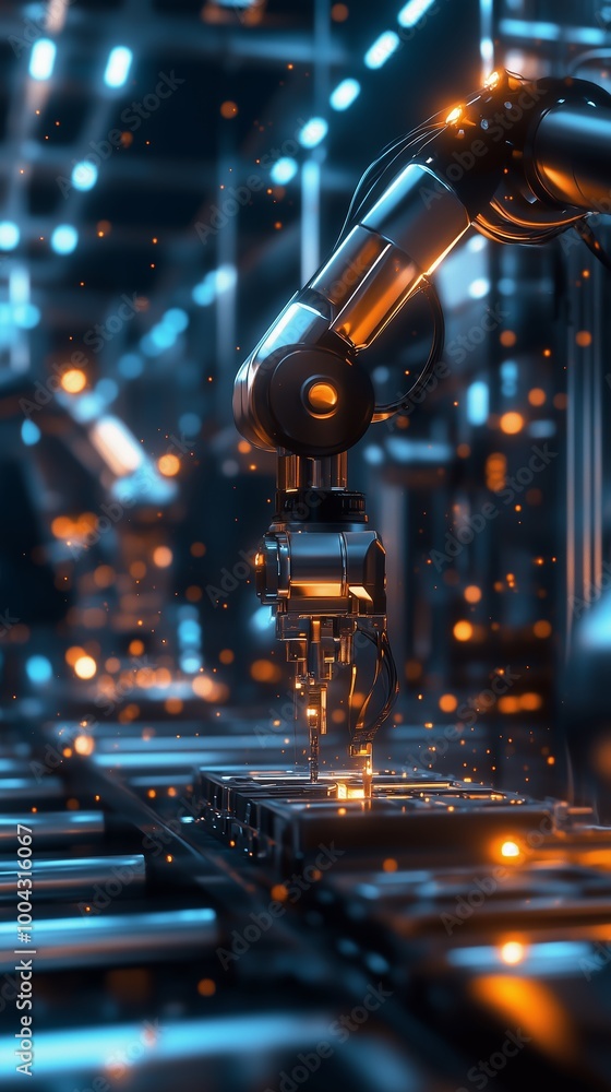 Poster advanced robotic arm performing precision assembly in a modern factory during evening shifts under a