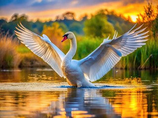 Majestic Swan Spreading Its Wings in a Serene Lake Reflecting the Beauty of Nature's Harmony
