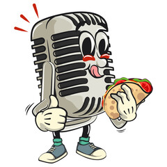 vintage microphone cartoon character mascot retro vector design carrying a taco while giving a thumbs up, work of hand drawn