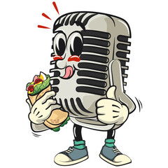 vintage microphone cartoon character mascot retro vector design carrying a burritos while giving a thumbs up, work of hand drawn
