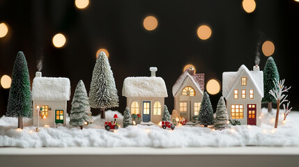A charming winter village scene featuring miniature houses adorned with snow, trees, and festive decorations. warm lights create cozy atmosphere, evoking holiday cheer and nostalgia