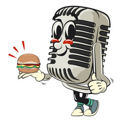 vintage microphone cartoon character mascot retro vector design carrying a burger while giving a thumbs up, work of hand drawn