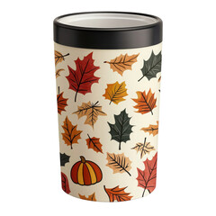 Fototapeta premium Decorative container with autumn leaves and pumpkin design, white isolated background.
