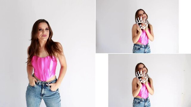 Mulher jovem sorridente usando coroa de princesa 