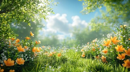 Fototapeta premium Vibrant meadow with blooming flowers and sunlight.