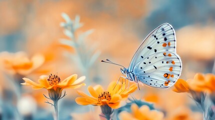 Obraz premium Macro Photograph of a Butterfly on Orange Flowers in a Pastel Garden, AI generated illustration