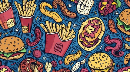 Fototapeta premium Fast Food Doodle Art Pattern Design with Simple Shapes and Colors