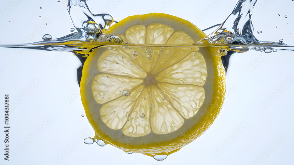 Poster refreshing lemon splash: a vibrant lemon slice plunges into crystal-clear water, creating a dynamic 