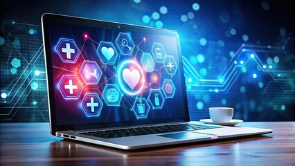 Medical Technology and Digital Healthcare Concept with Laptop and Health Icons on Virtual Interface