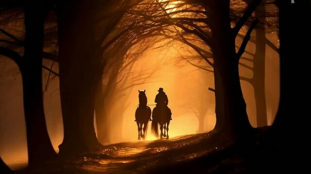 cavalos correndo em p&ocirc;r do sol na floresta 