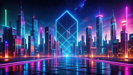 Vibrant futuristic urban skyline with glowing neon lights and abstract geometric shapes