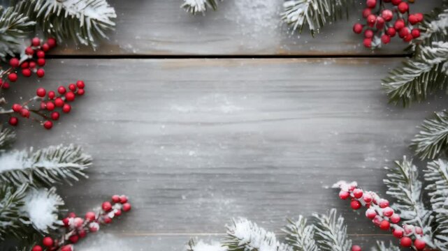 Festive christmas decoration with fir branches and red berries on a rustic wooden background, perfect for holiday greetings. Ideal for personalized greeting cards and festive designs