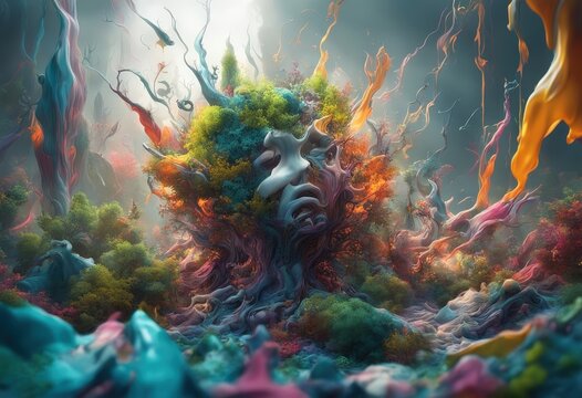 a surreal artwork that visually portrays the chaotic and fragmented nature of a troubled mind