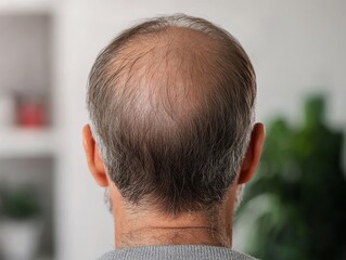 Fototapeta premium Close-up of a bald man seen from behind, serene indoor setting.