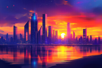 Fototapeta premium Futuristic City Skyline at Sunset – vibrant colors, sleek buildings, and glowing lights