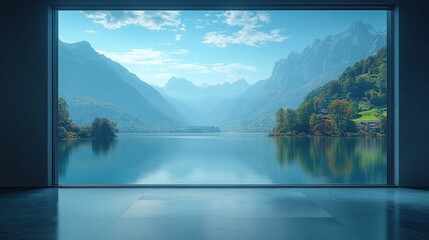 Serene mountain view through a modern architectural window.