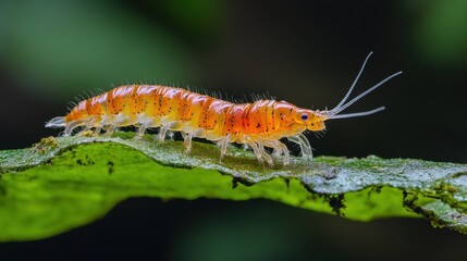 Fototapeta premium Orange caterpillar on green leaf