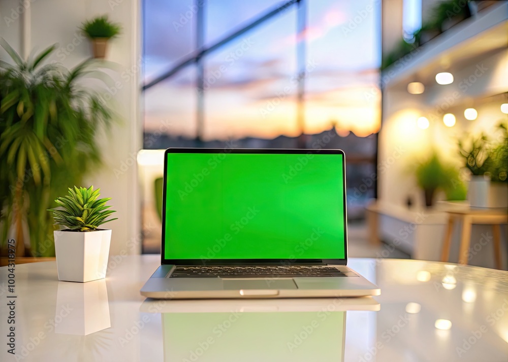 Poster minimalist laptop with green screen on white table in abstract smooth zoom-in background concept