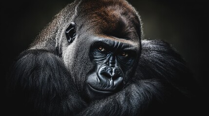 Obraz premium Close-up portrait of a male gorilla in the zoo, showcasing the detailed features of this powerful primate, a majestic representation of nature and wildlife.
