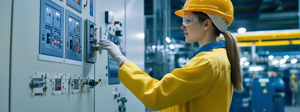 A technician in a hard hat operates control panels in a manufacturing facility during a daytime shift focused on electrical systems