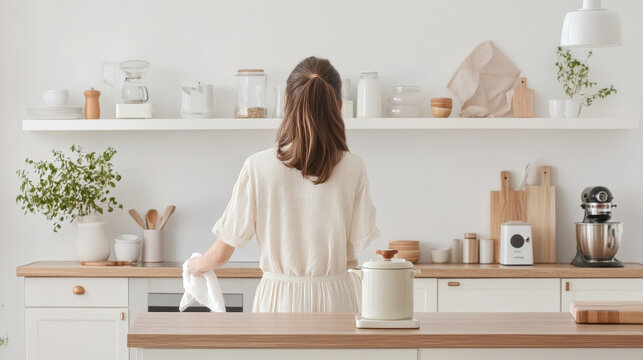 A woman stands in modern kitchen, preparing food with calm demeanor. space features minimalist decor, wooden accents, and greenery, creating serene atmosphere