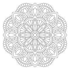 Isolated black mandala in vector, Round line pattern coloring book page, vector file