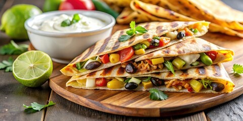 Mexican chicken quesadilla with corn, black beans, cheese, vegetables, lime & yogurt sauce