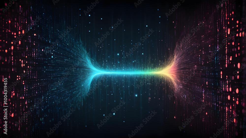 Poster digital convergence: abstract representation of data streams converging, vibrant colors and glowing 