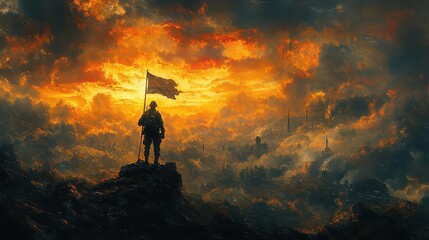 soldier proudly holding a flag standing tall against a dramatic backdrop symbolizing courage and patriotism captured with a sense of honor and strength evoking emotions of pride