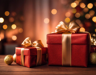Christmas red gift boxes with golden ribbons on bokeh lights background	