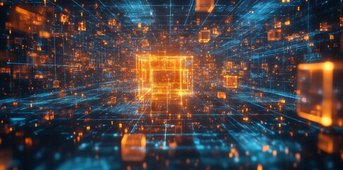 Futuristic Geometric Landscape with Orange and Blue Cubes, AI generated illustration