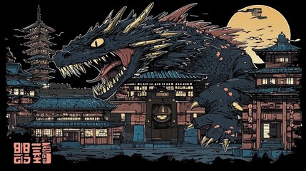 Obraz premium Japanese Dragon Illustration with Traditional Architecture