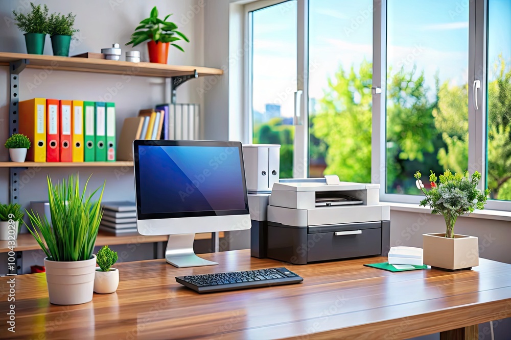 Poster modern office workspace featuring printer on desk with computer screen and organized stationery item