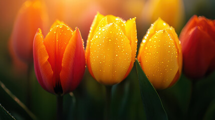 A bouquet of flowers with a yellow and orange tulip in the middle. The flowers are surrounded by green leaves and the background is a mix of orange and yellow colors