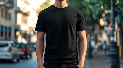 Fototapeta premium Young Model Shirt Mockup, Boy wearing black t-shirt on street in daylight, Shirt Mockup Template on hipster adult for design print, Male guy wearing casual t-shirt mockup placement .generative ai