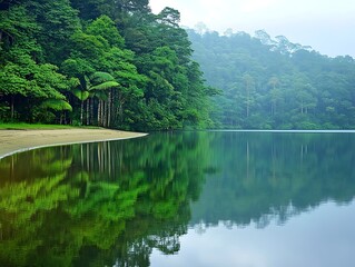 Fototapeta premium Tranquil forest fringed lake acting as a mirror to the lush verdant trees on the shore exuding a meditative and peaceful atmosphere