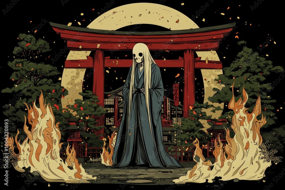 Wall mural Japanese Ghost in Red Torii Gate with Flames and Moon