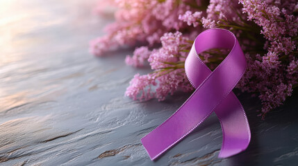 A purple ribbon is tied to a bunch of pink flowers. The ribbon is tied to the flowers to create a sense of unity and support for a cause