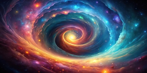 Colorful cosmic swirl with dark center resembling celestial phenomenon for stock photo background