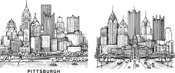 Outline Pittsburgh skyline. Trendy template with Pittsburgh city buildings and landmarks in line style. Stock vector design.