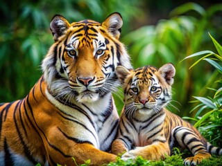Obraz premium Mother Tiger Nurturing Her Cub Showcasing Strong Maternal Instincts and Protective Behavior in Nature