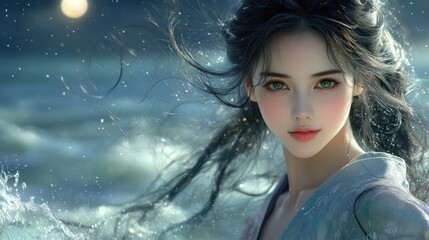 A captivating figure stands by the ocean, illuminated by the soft glow of the moon
